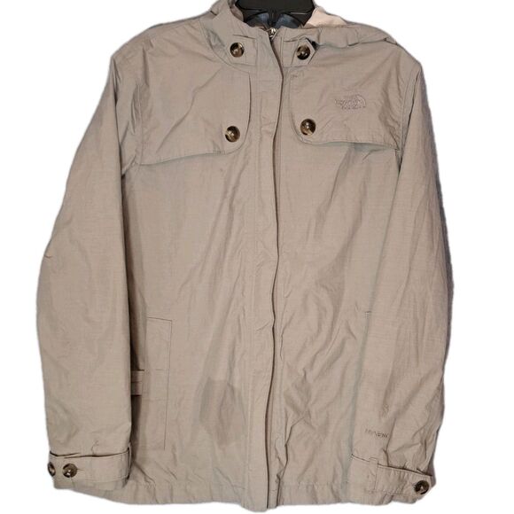 The North Face HyVent Coat Rain Jacket Beige Zip Hood Wind Pockets Womens Large - Picture 1 of 9